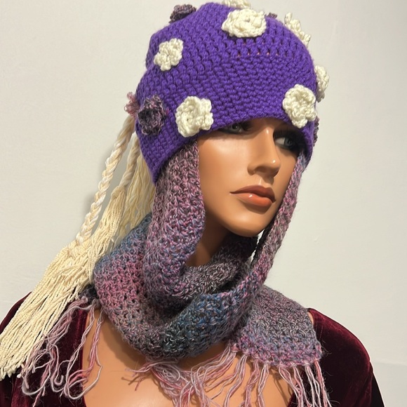 2 pc set Multicolor CrochetHatScarf Wool Blend Scarf